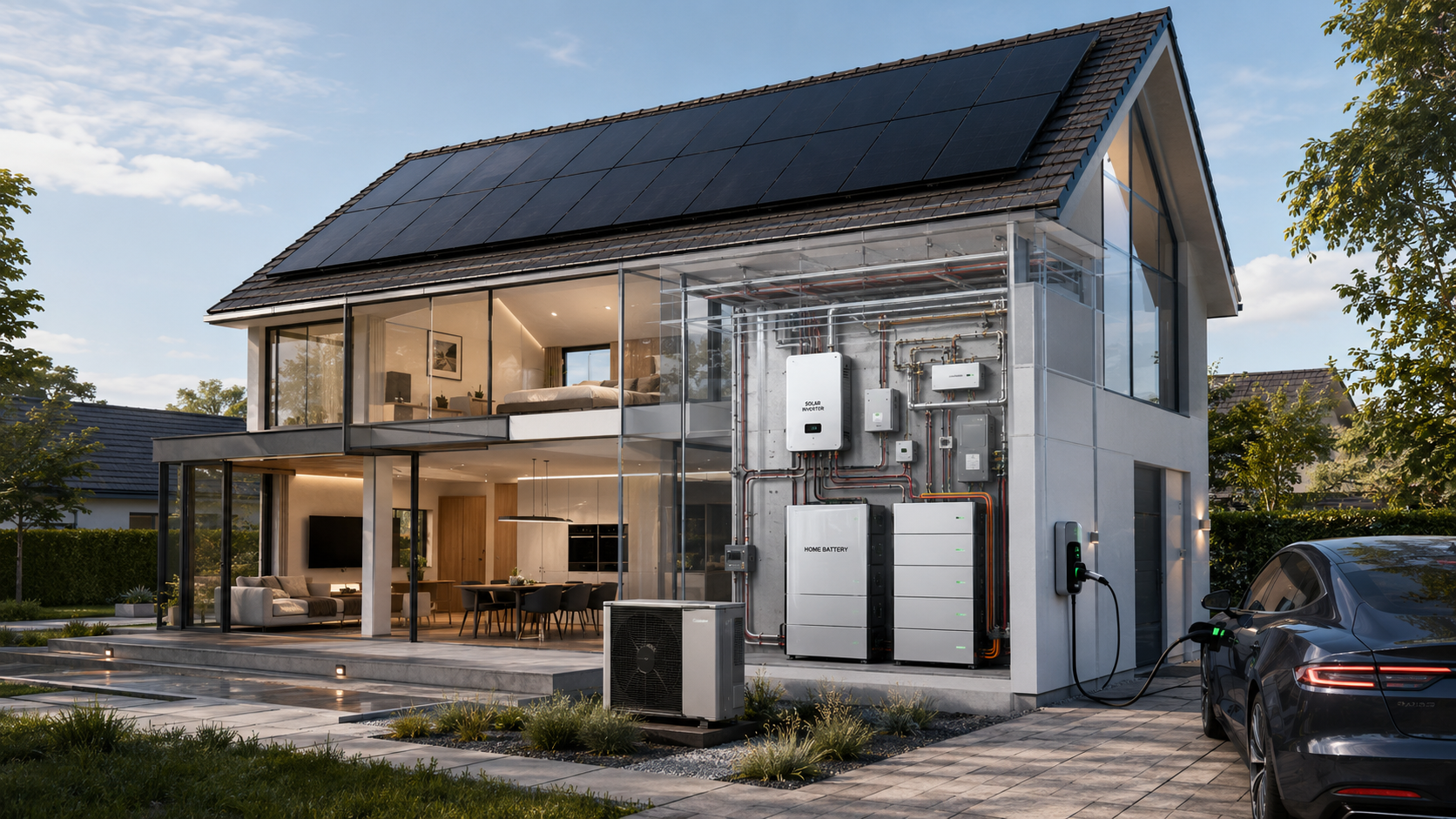 Modernes Wohnhaus mit Photovoltaik, Stromspeicher, Wärmepumpe und Wallbox als integriertes Energiesystem